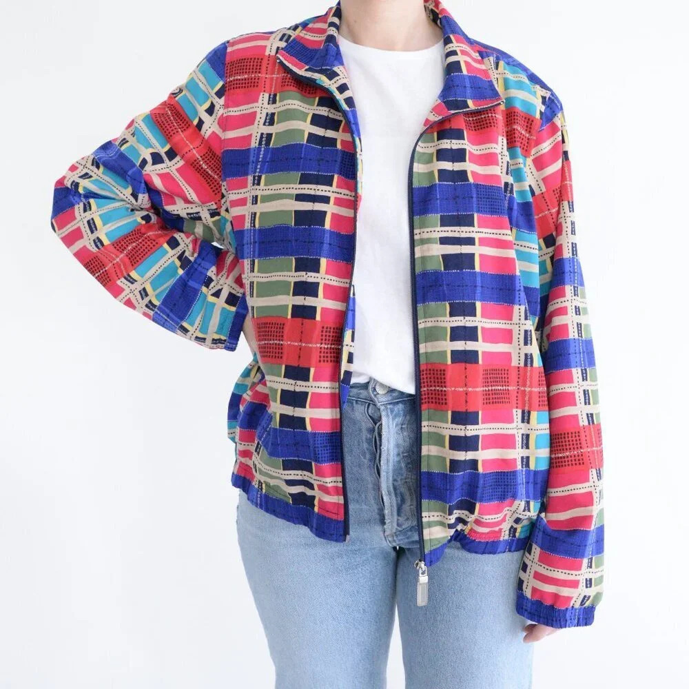 Vintage Koret Pink Blue Checker Pattern Colourblock Geometric Bomber Jacket L